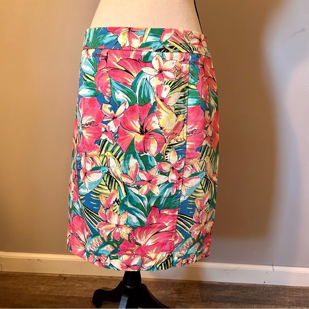Ann Taylor LOFT Tropical Skirt Size 10 Hibiscus Birds Floral Summer Pink NWOT
